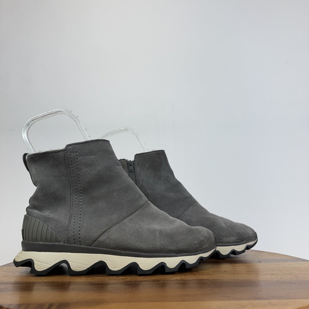 Womens Sorel Kinetic Short Gray Leather Lined Waterproof Wedge Boots Size 7.5 M